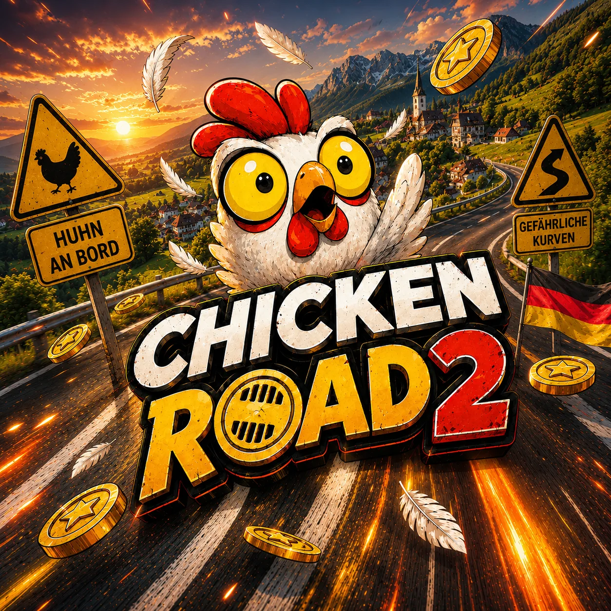 Gebirgsstraße mit Münzen und Chicken-Road-2-Schriftzug