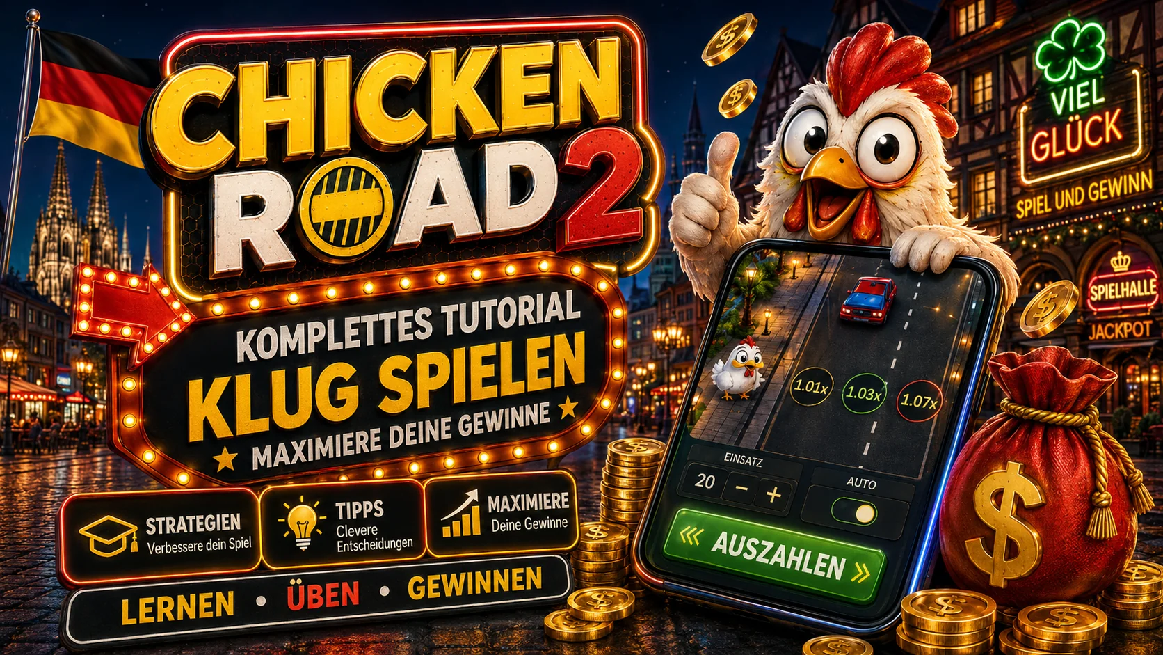 Smartphone mit Tutorial, Spielfeldern und Auszahlungsbereich
