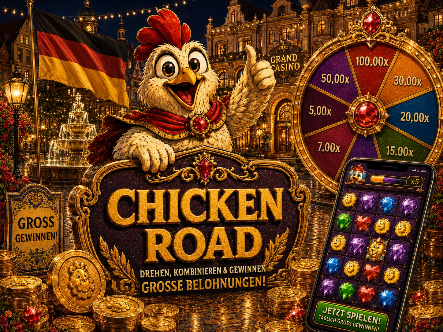 Smartphone mit Chicken-Road-Spiel und Casino-Multiplikatoren