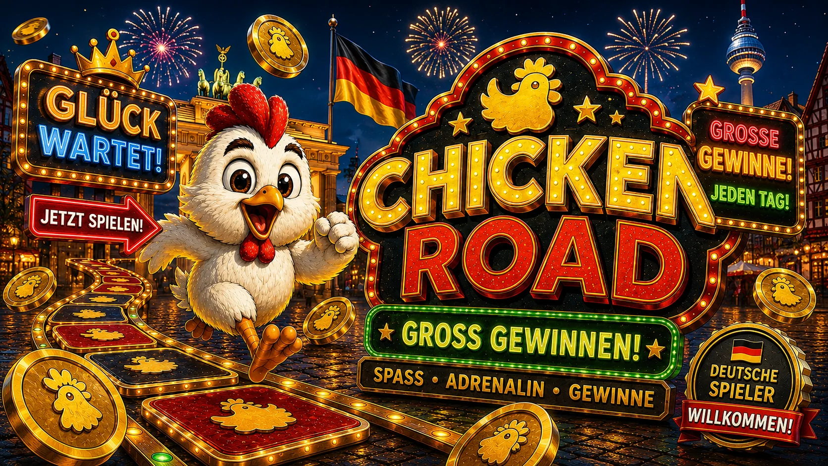 Casino-Banner zu Chicken Road mit deutscher Flagge und Spielhalle