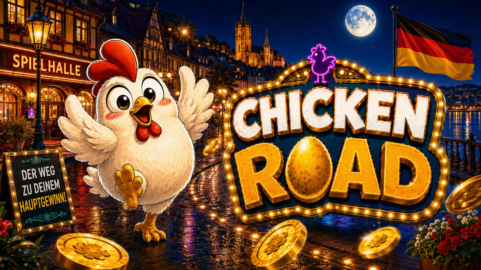 Spielhalle bei Nacht mit deutscher Flagge und Chicken-Road-Schriftzug