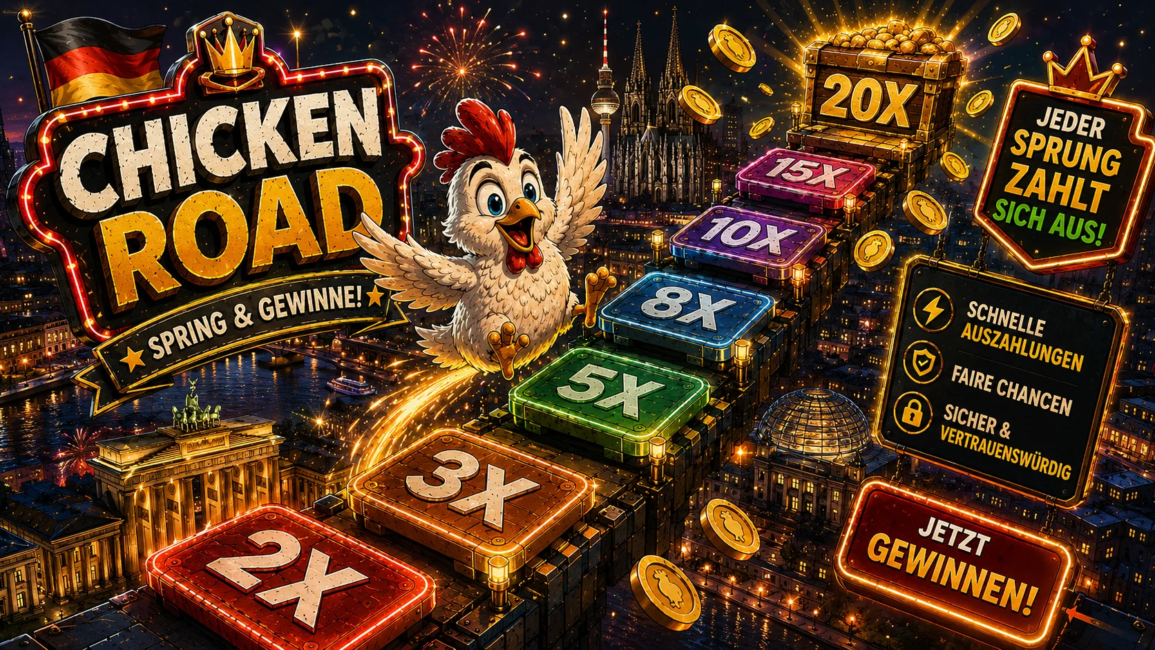 Spielfeld mit Huhn, Gewinnfeldern und steigenden Multiplikatoren